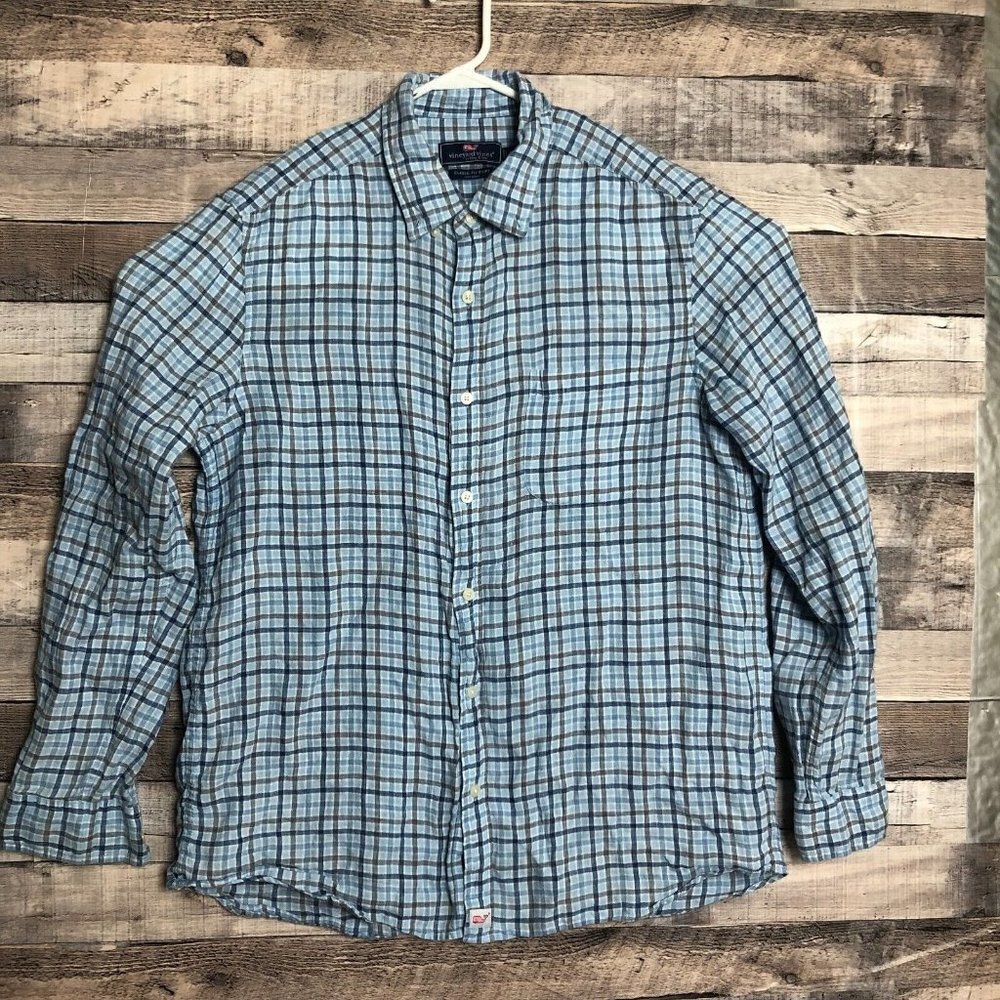 Vineyard Vines Linen Shirt Mens Large Button Up Long Sleeve Plaid Casual Preppy